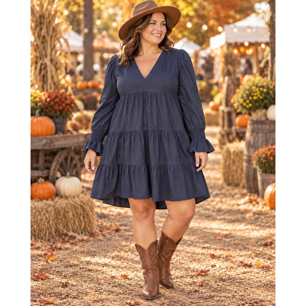 Pomander Place Navy Blue Cotton Tiered Mini Dress XXL V-Neck Smocked Y20904T